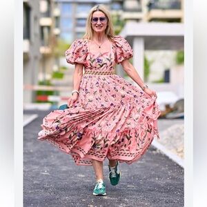 Agua‎ Bendita Lima Linen Pink Floral Midi Dress size medium